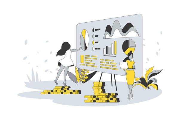 Concepto de informe económico en diseño de línea plana Personas analizando gráficos financieros y planificación de gráficos