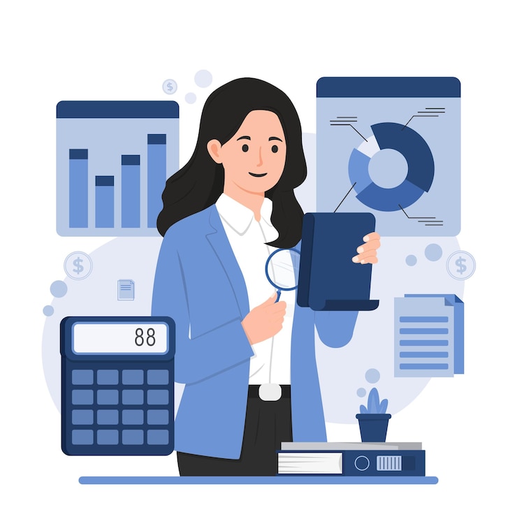 Vector concepto de informe empresarial con gráficos de presentación de auditoría financiera análisis y revisión de datos