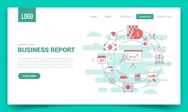 Concepto de informe empresarial con icono de círculo para plantilla de sitio web o página de destino