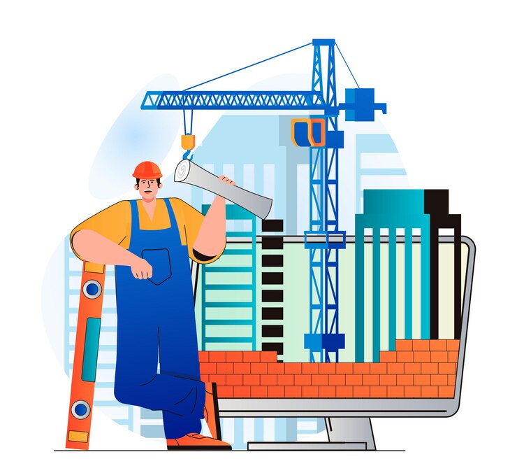 Vector concepto de ingeniero de construcción en moderno diseño plano builder tiene planos y herramientas