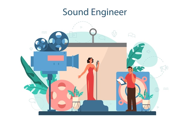 Concepto de ingeniero de sonido. industria de producción musical, equipos de estudio de grabación de sonido. creador de la banda sonora de una película.