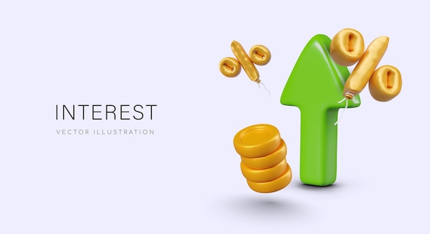 Concepto de ingresos por intereses Realista flecha verde hacia arriba porcentaje dorado globos columna de monedas