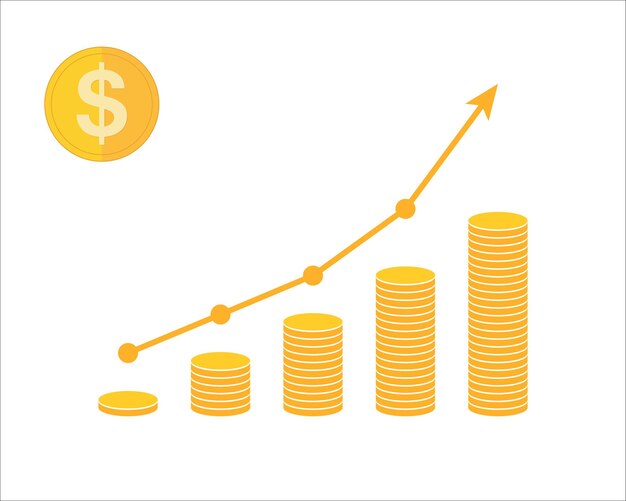 Concepto de ingresos con monedas y flecha arriba Ilustración vectorial