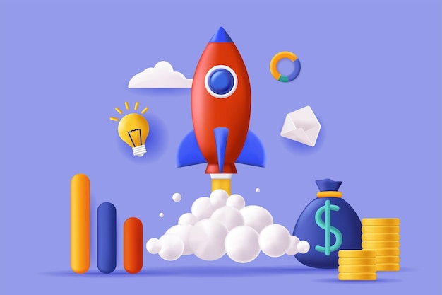 Concepto de inicio Ilustración 3D Composición de iconos con lanzamiento de cohetes dinero monedas y gráficos Análisis de mercado lluvia de ideas planificación y lanzamiento de negocios Ilustración vectorial para diseño web moderno