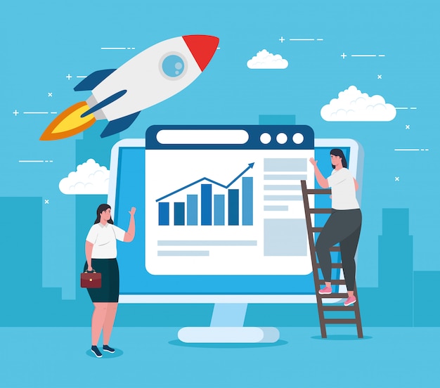 concepto de inicio de negocio, banner, proceso de inicio de objeto de negocio, mujeres de negocios, computadora con página web y cohete