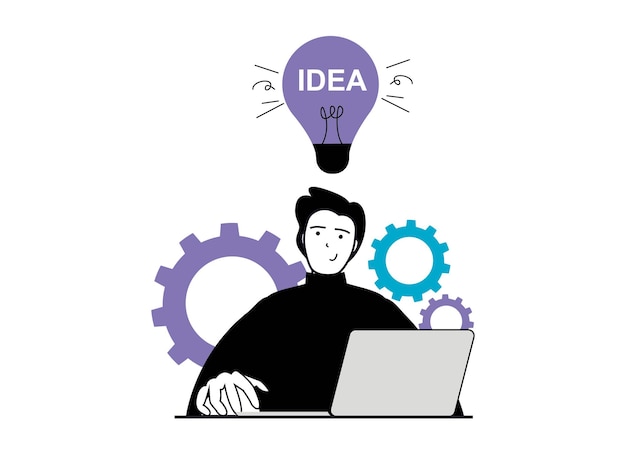Concepto de inicio con situación de carácter El hombre genera ideas y soluciones para iniciar un nuevo negocio y trabajar en un proyecto en una computadora portátil Ilustración vectorial con escena de personas en diseño plano para web