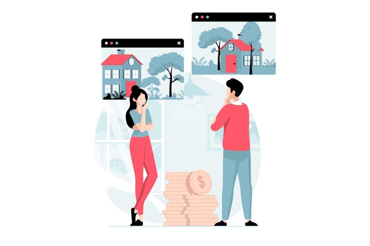 Vector concepto inmobiliario con escena de personas en diseño plano el hombre y la mujer piensan elegir entre ubicaciones para comprar una casa nueva tomar una decisión sobre la vivienda ilustración vectorial con situación de carácter para web