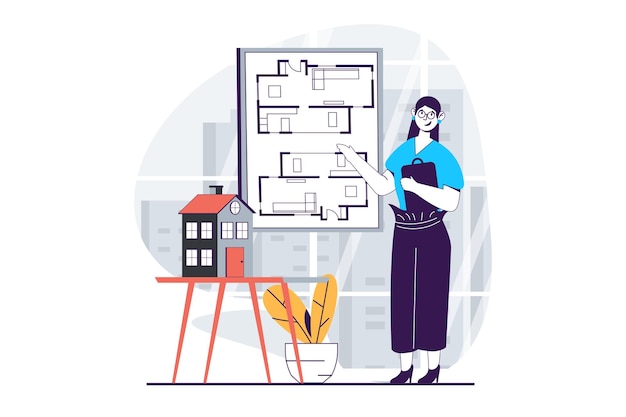 Concepto inmobiliario con gente escena en diseño plano para web Mujer haciendo presentación de arquitecto plano de proyecto de apartamentos Ilustración vectorial para medios sociales material de marketing de banner