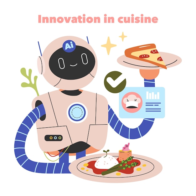 Concepto de innovación culinaria un robot amigable que presenta platos modernos con análisis de datos futuro
