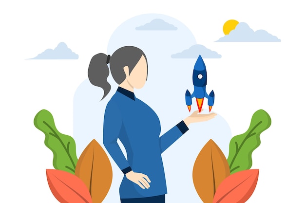 concepto de innovación para el éxito con la mujer de negocios segura de su proyecto de cohete