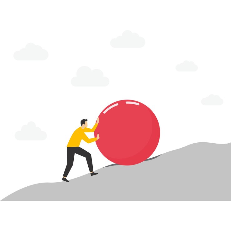 concepto de innovación en los negocios Empresario empujando la pelota estrategias ganadoras soluciones inteligentes