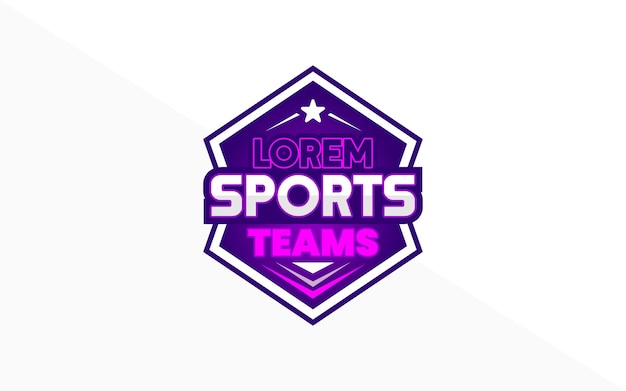 Concepto de insignia de logotipo deportivo con el título 'equipos deportivos' y color púrpura