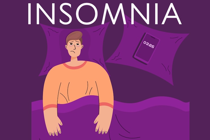 Vector el concepto de insomnio con el hombre una persona cansada yace en la cama y no puede dormir trastorno del sueño ansiedad
