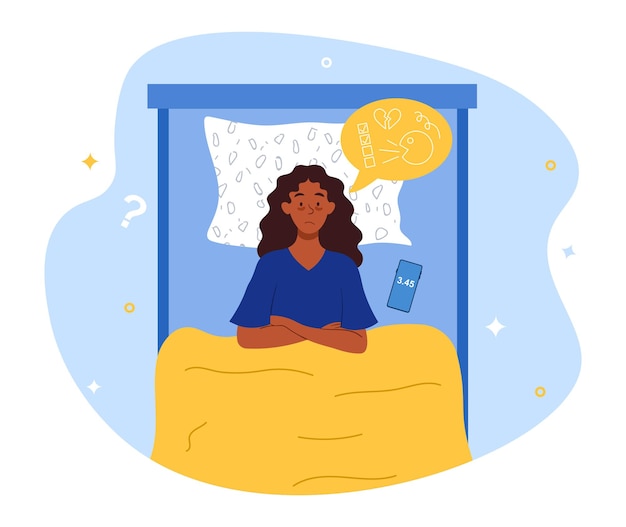 El concepto de insomnio mujer no puede dormirse debido a problemas mentales el personaje se encuentra en la cama