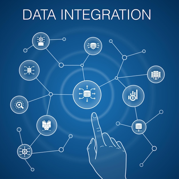 Concepto de integración de datos fondo azul base de datos científico de datos Analytics Machine Learning iconos simples