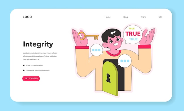 Vector el concepto de integridad hombre con llave y burbujas de habla que representan comunicación honesta y ética