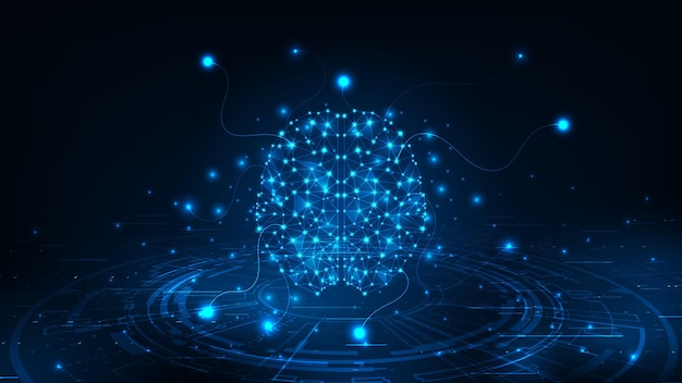 Concepto de inteligencia artificial Circuito cerebral azul brillante Tecnología de fondo abstracto