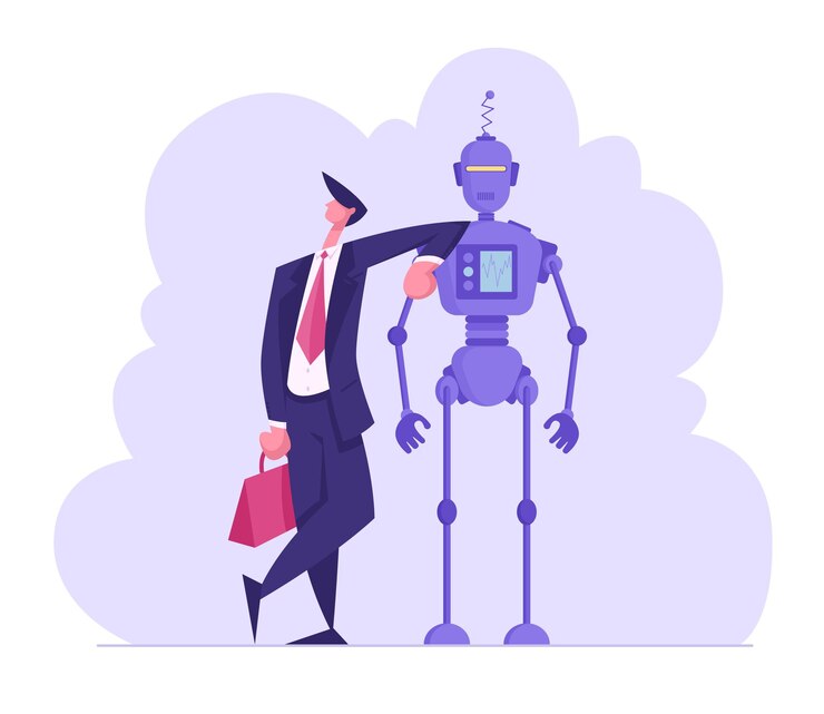 Vector concepto de inteligencia artificial y comunicación humana hombre de negocios apoyado en robot