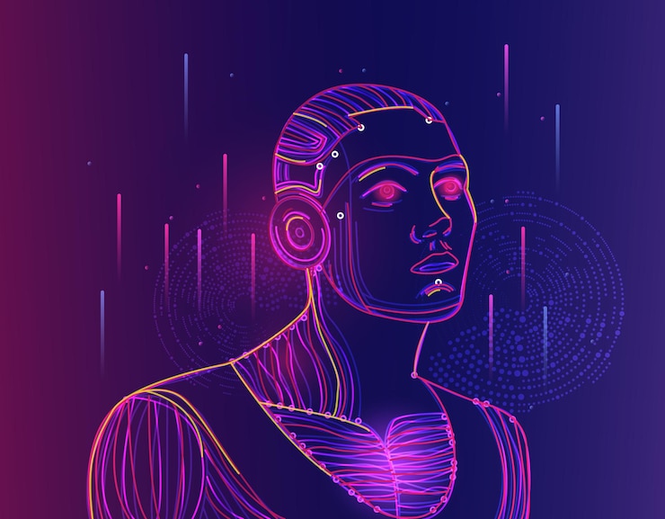 Vector un concepto de inteligencia artificial ilustrado de color púrpura con rostro humano. aprendizaje automático profundo con red neuronal en un mundo virtual abstracto. ilustración vectorial