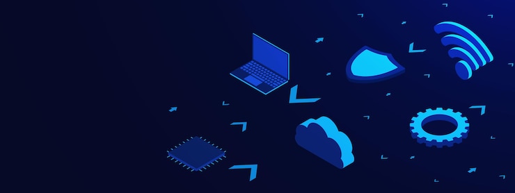 Vector concepto de inteligencia artificial con un microchip, una computadora portátil, un equipo de escudo de nube y un símbolo wifi