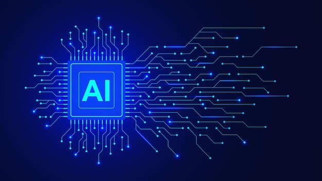 Concepto de inteligencia artificial con microchip y placa de circuitos electrónicos sobre un fondo azul oscuro