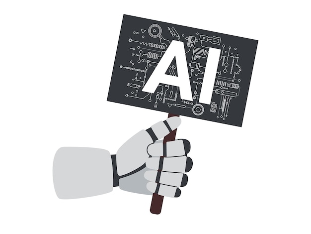 Concepto de inteligencia artificial Robots con la mano sosteniendo una pancarta con letras IA aislada en blanco