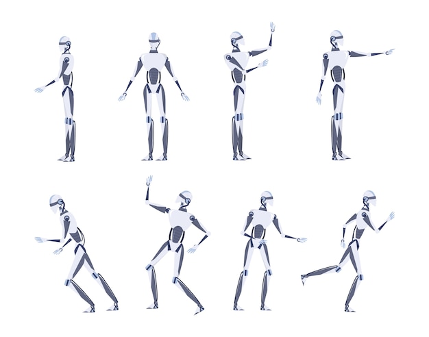 Concepto de inteligencia artificial. Tecnología futurista. Carácter de robot con varias vistas, pose y gesto. Conjunto de ilustración