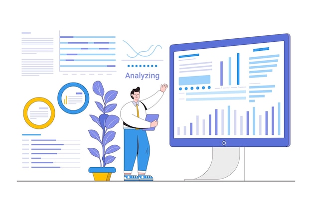 Concepto de inteligencia empresarial y análisis de datos con una persona que analiza datos en un tablero