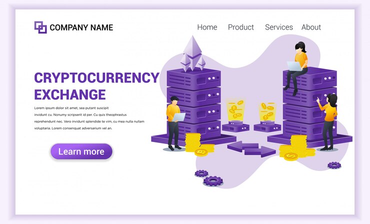 Vector concepto de intercambio de criptomonedas con personas que trabajan en computadoras portátiles y servidores para el intercambio de bitcoin y monedas digitales