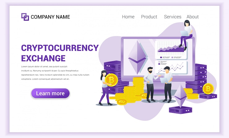 Vector concepto de intercambio de criptomonedas con personas que trabajan en la pantalla de la computadora para intercambiar bitcoin y monedas digitales