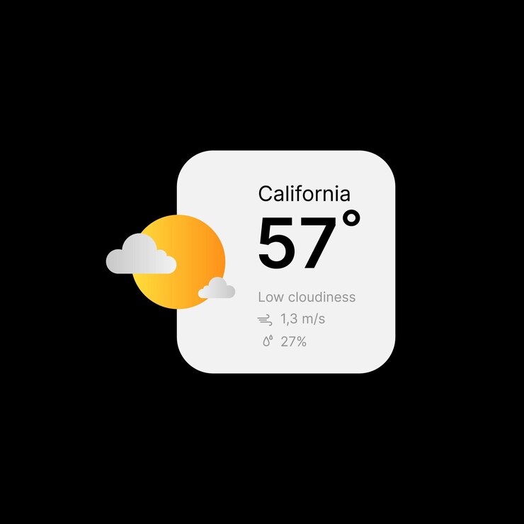 Vector concepto de interfaz de usuario de widget de clima nublado sobre fondo negro ilustración de redes sociales icono de clima aislado editable y elemento web para aplicaciones móviles