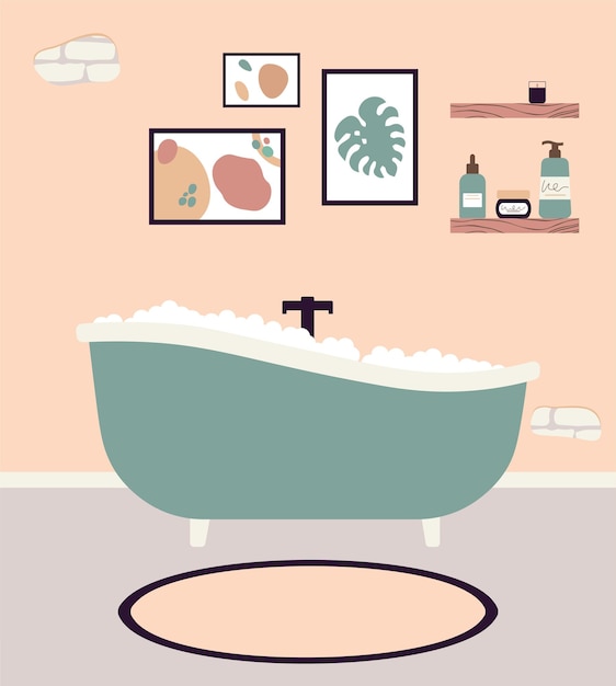 Concepto de interior de baño rosa con ilustración de vector de bañera en estilo plano