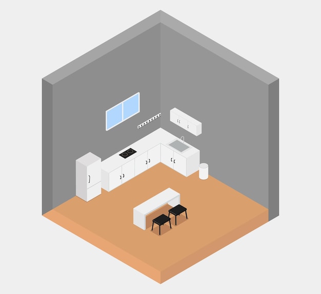 Concepto interior de cocina de estilo isométrico con muebles y utensilios de cocina aislados en blanco