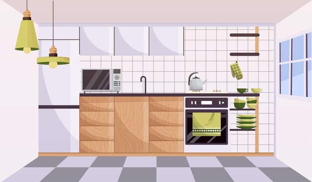 Concepto de interior de la cocina Muebles modernos de madera microondas y nevera Horno blanco junto a estantes con platos Interior moderno y de moda en apartamento Ilustración vectorial plana
