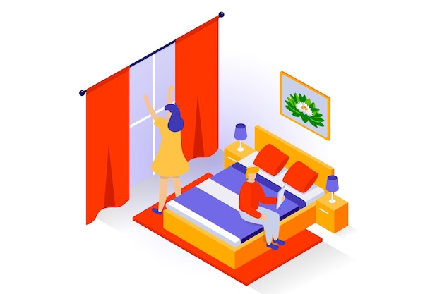 Concepto de interior del hogar en diseño isométrico 3D Gente en el dormitorio con almohadas de cama doble y mesas de noche de mantas con lámparas cortinas de ventanas Ilustración vectorial con escena de isometría para gráficos web