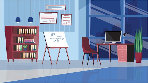 Concepto de interior de oficina en diseño plano de dibujos animados. Lugar de trabajo para empleados con escritorio, silla, computadora de escritorio, tablero de presentación, estantería, certificados de pared. Fondo horizontal de ilustración vectorial