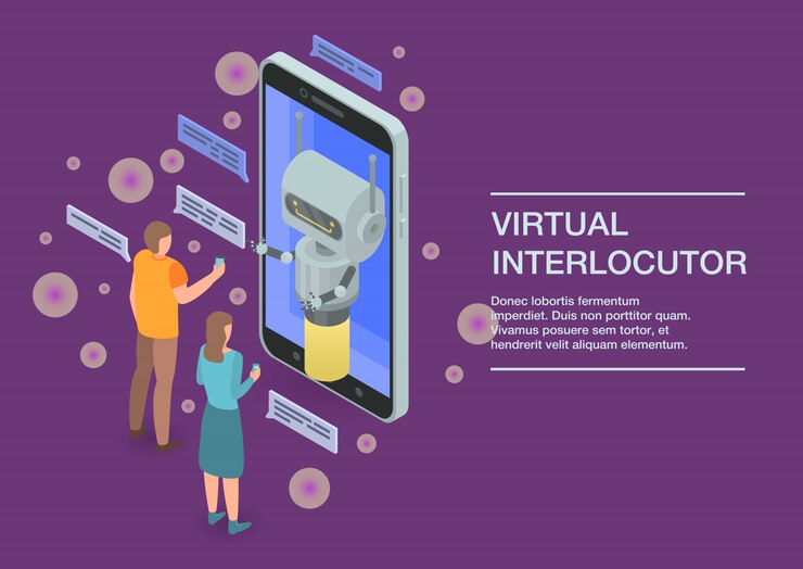 Vector concepto de interlocutor virtual banner, estilo isométrico.