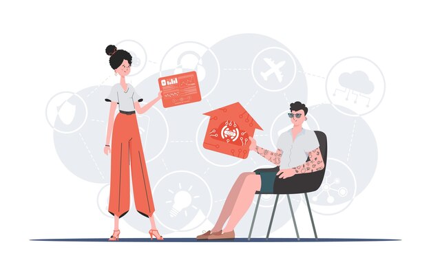 Concepto de Internet de las cosas La chica y el chico son un equipo en el campo de Internet de las cosas Bueno para presentaciones y sitios web Ilustración vectorial en estilo plano