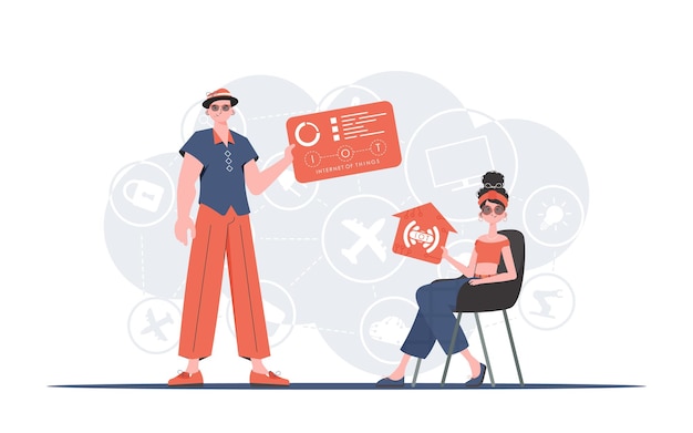 Concepto de Internet de las cosas La chica y el chico son un equipo en el campo de IoT Bueno para presentaciones y sitios web Ilustración vectorial en estilo plano