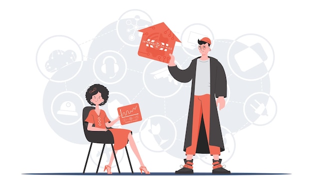 Concepto de Internet de las cosas Un hombre y una mujer son un equipo en el campo de Internet de las cosas Bueno para presentaciones y sitios web Ilustración vectorial en estilo moderno y plano