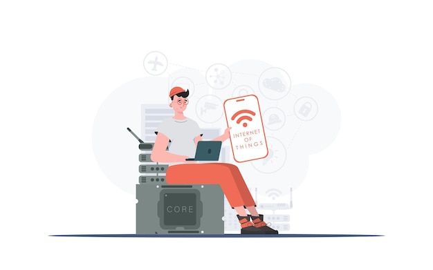 Concepto de Internet de las cosas Un hombre sostiene un teléfono con el logotipo de IoT en sus manos Estilo plano de moda Ilustración vectorial