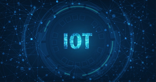 Concepto de internet de las cosas (iot). red de computación en la nube de datos grandes de dispositivos físicos con conectividad de red segura sobre fondo de color azul oscuro.