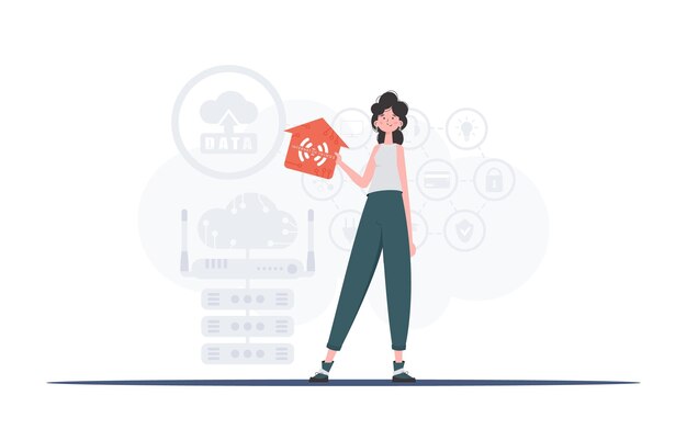 Concepto de Internet de las cosas La mujer está representada en pleno crecimiento sosteniendo un icono de una casa en sus manos Bueno para sitios web y presentaciones Ilustración vectorial en estilo plano