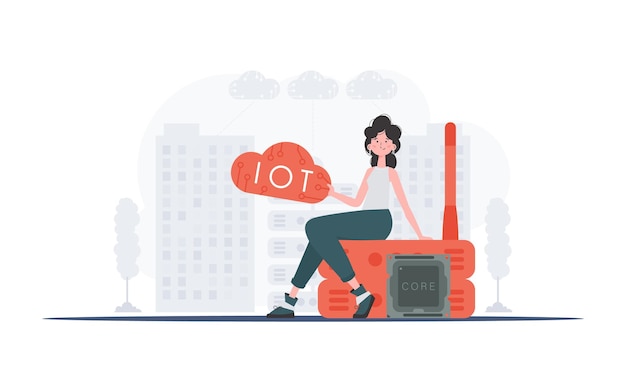 Concepto de Internet de las cosas Una mujer se sienta en un enrutador y sostiene el logotipo de Internet de las cosas en sus manos Ilustración vectorial en estilo plano