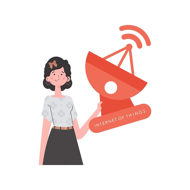 Concepto de Internet de las cosas Una mujer sostiene una antena parabólica en sus manos Aislada sobre fondo blanco Estilo plano de moda Ilustración vectorial