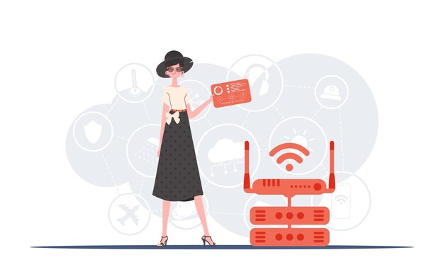 Concepto de Internet de las cosas Una mujer sostiene un panel con analizadores e indicadores en sus manos Bueno para sitios web y presentaciones Ilustración vectorial en estilo plano de tendencia