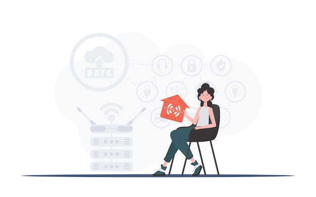Concepto de Internet de las cosas La niña se sienta en una silla y sostiene un ícono de una casa en sus manos Bueno para sitios web y presentaciones Ilustración vectorial en estilo plano