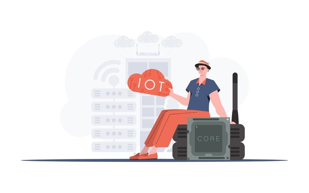 Concepto de Internet de las cosas El tipo se sienta en el enrutador y sostiene el logotipo de Internet de las cosas en sus manos Estilo plano de moda Vector
