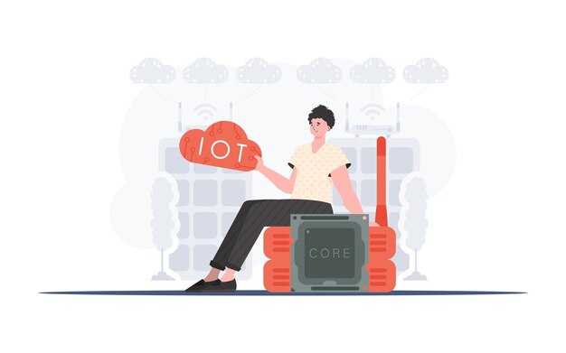 Concepto de Internet de las cosas El tipo se sienta en el enrutador y sostiene el logotipo de Internet de las cosas en sus manos Ilustración vectorial