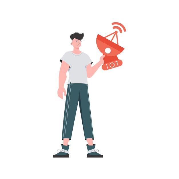 Concepto de Internet de las cosas El tipo sostiene una antena parabólica en sus manos Aislado sobre fondo blanco Estilo plano de moda Ilustración vectorial